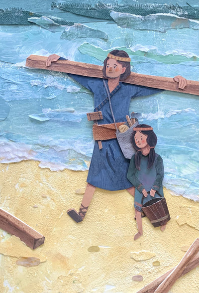 Paper collage illustration of Nephi carrying timber on the seashore