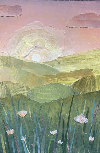Paper collage illustration of a sunrise over green hills and flowers