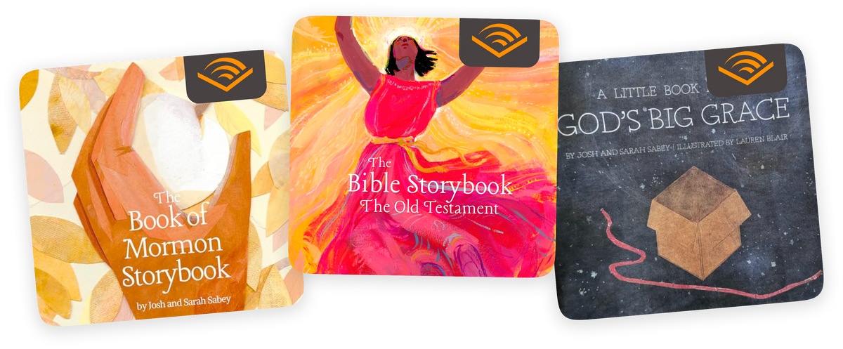 Audiobook covers for The Book of Mormon Storybook, The Bible Storybook: The Old Testament, and A Little Book about God's Big Grace on Audible