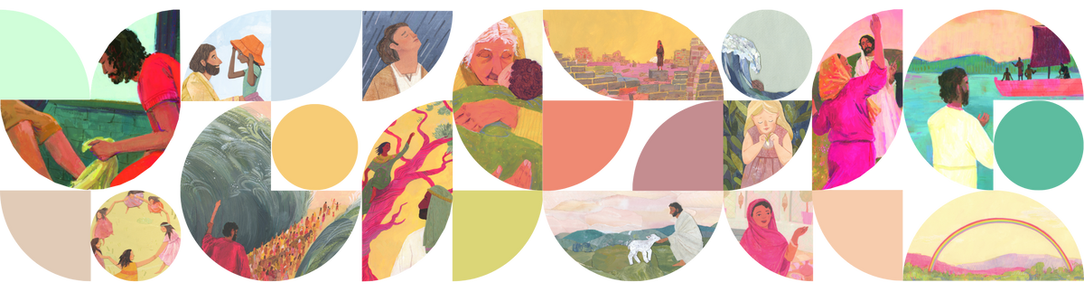 Collage of illustrations from For Little Saints storybooks
